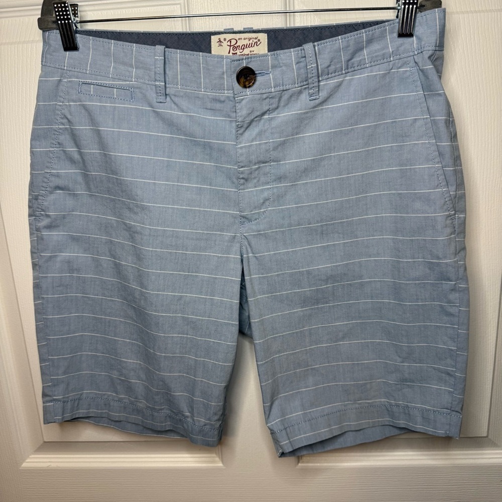 Original Penguin Light Blue Striped Men's Shorts Size 33 Cotton Poly Blend GUC